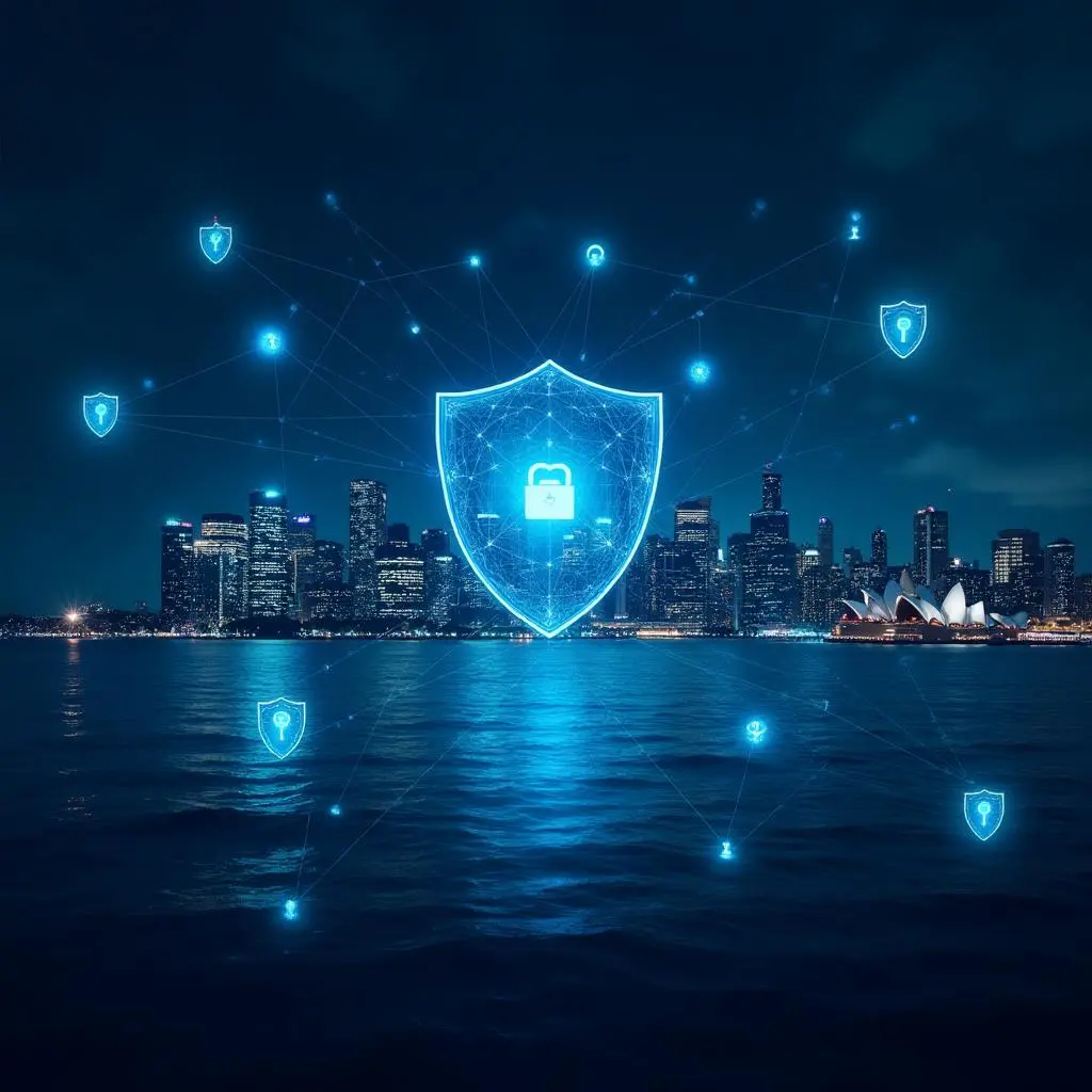 Sydney skyline with cybersecurity overlay